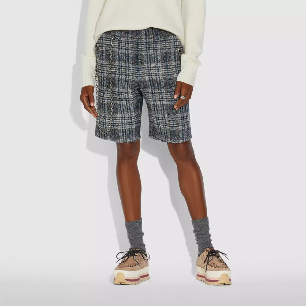 Coach Oversized Plaid Wool Boy Shorts Grey Blue Size US 6 NEW NWT